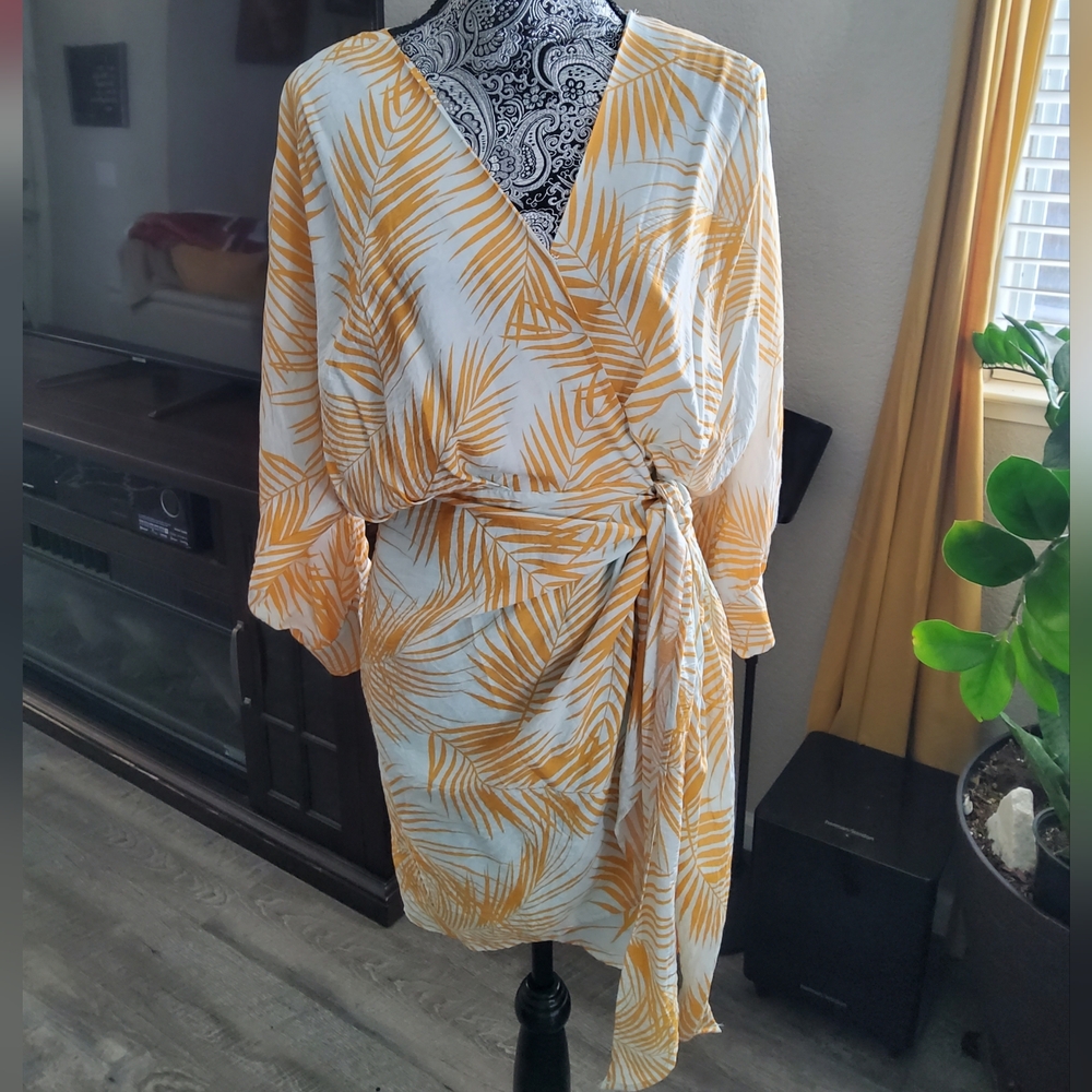Women's Yellow Palm-Print Wrap Tunic Dress - Picture 3 of 6